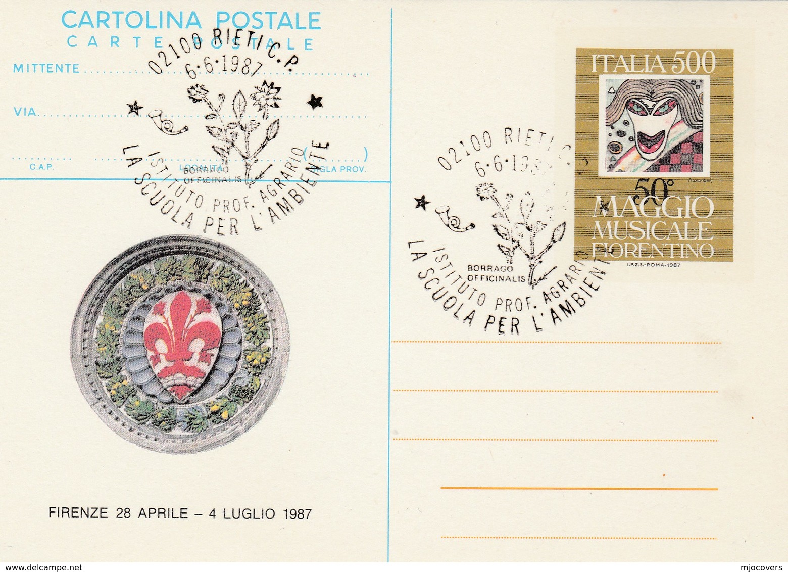 1987 Rieti AGRICULTURE ENVIRONMENT EVENT COVER  Card Postal Stationery Maggio Musicale Music Flower Flowers Stamps Italy - Milieubescherming & Klimaat