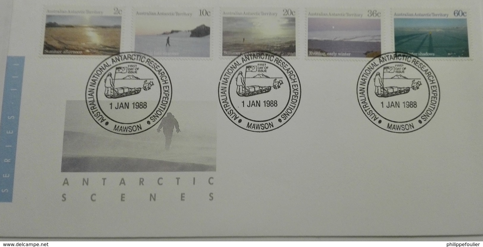 AAT ANTARCTIC SCENES SERIES 3  On 3  FDC Davis 11/87 , Mawson 01/88 , Casey 01/88 - Lettres & Documents