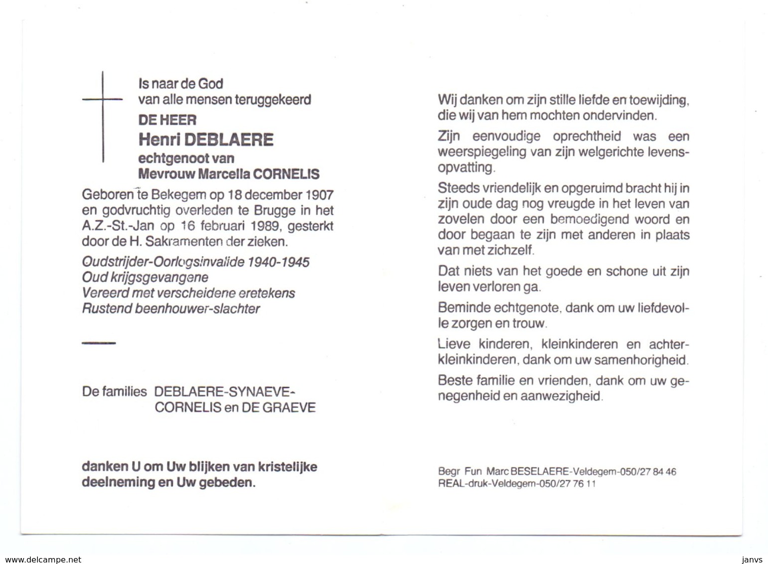Devotie - Devotion - Henri Deblaere - Bekegem 1907 - Brugge 1989 - Cornelis - Oudstrijder - Beenhouwer-slachter - Obituary Notices