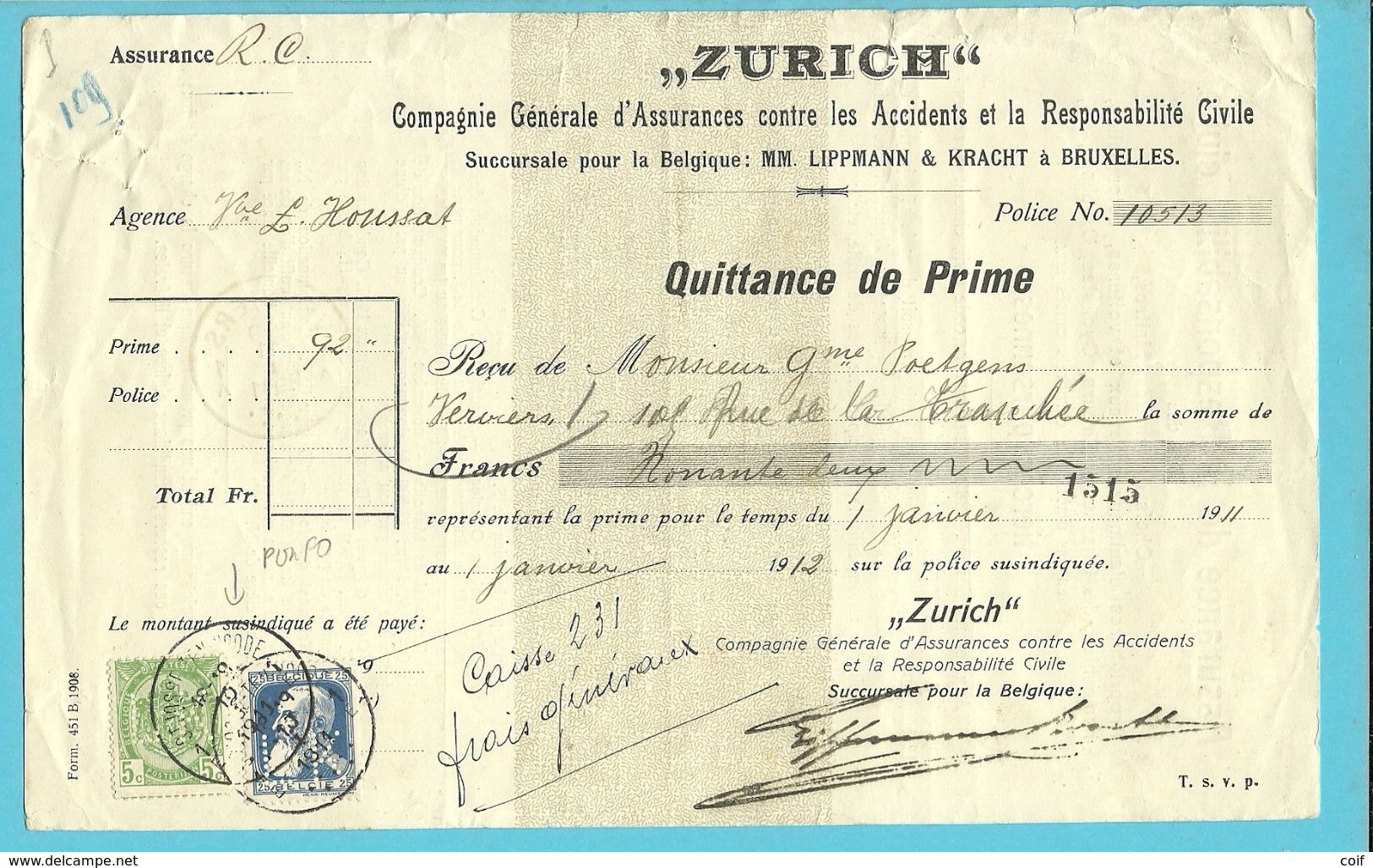 76+83 Op Recu Met Stempel ST-JOOST-TEN-NOODE, Met Firmaperforatie (perfin) " L.K." Van Lippmann & Kracht Te Bruxelles - 1909-34