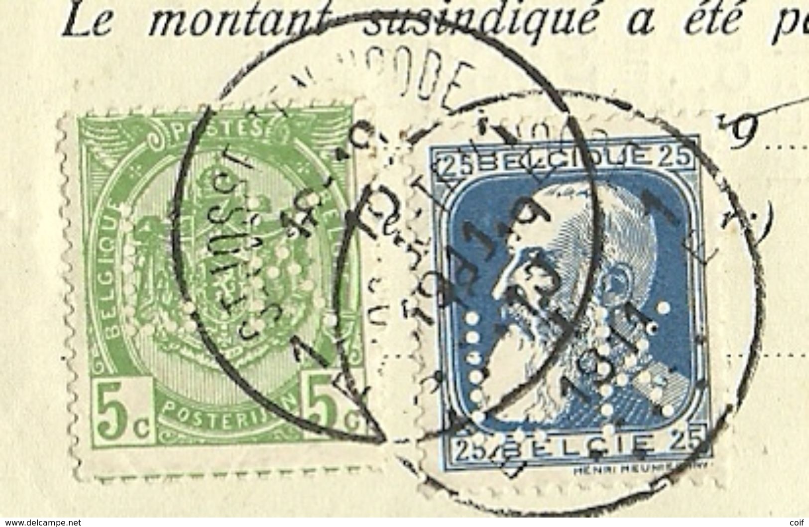 76+83 Op Recu Met Stempel ST-JOOST-TEN-NOODE, Met Firmaperforatie (perfin) " L.K." Van Lippmann & Kracht Te Bruxelles - 1909-34