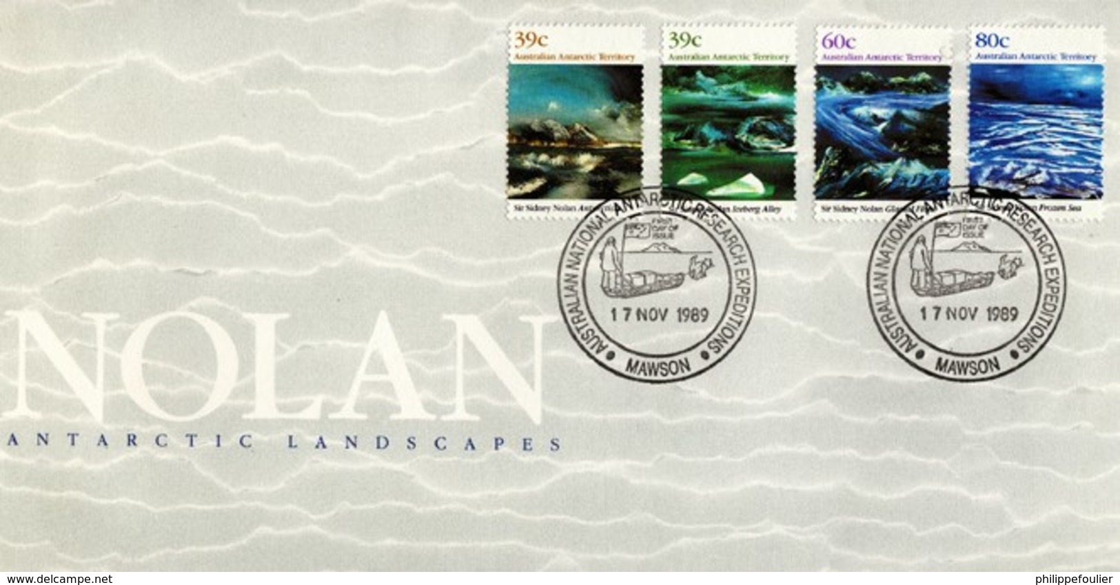 AAT NOLAN ANTARCTIC LANDSCAPES1989 Issue  On 3 FDC Davis 29/11/89, Mawson 17/11/89 , Casey 28/1089 - Lettres & Documents