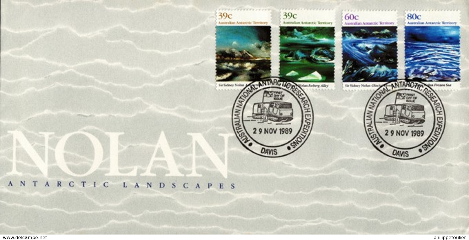 AAT NOLAN ANTARCTIC LANDSCAPES1989 Issue  On 3 FDC Davis 29/11/89, Mawson 17/11/89 , Casey 28/1089 - Covers & Documents