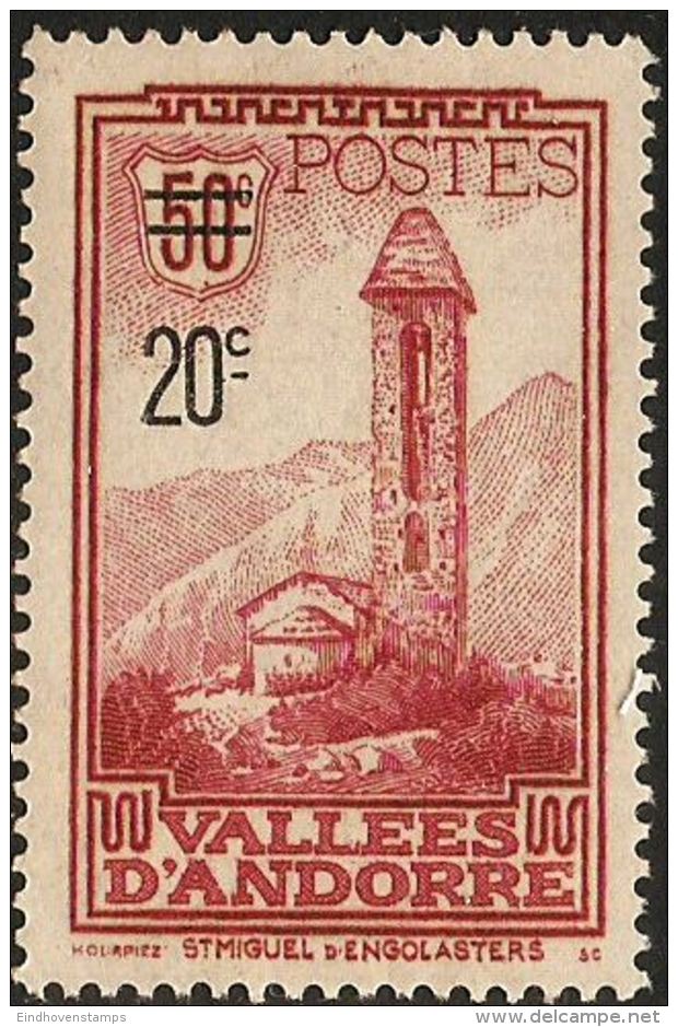 Andorra French 1935, 20coverprint On 50 C Church St Miquel D"Engolasters 1 Value MH - Churches & Cathedrals