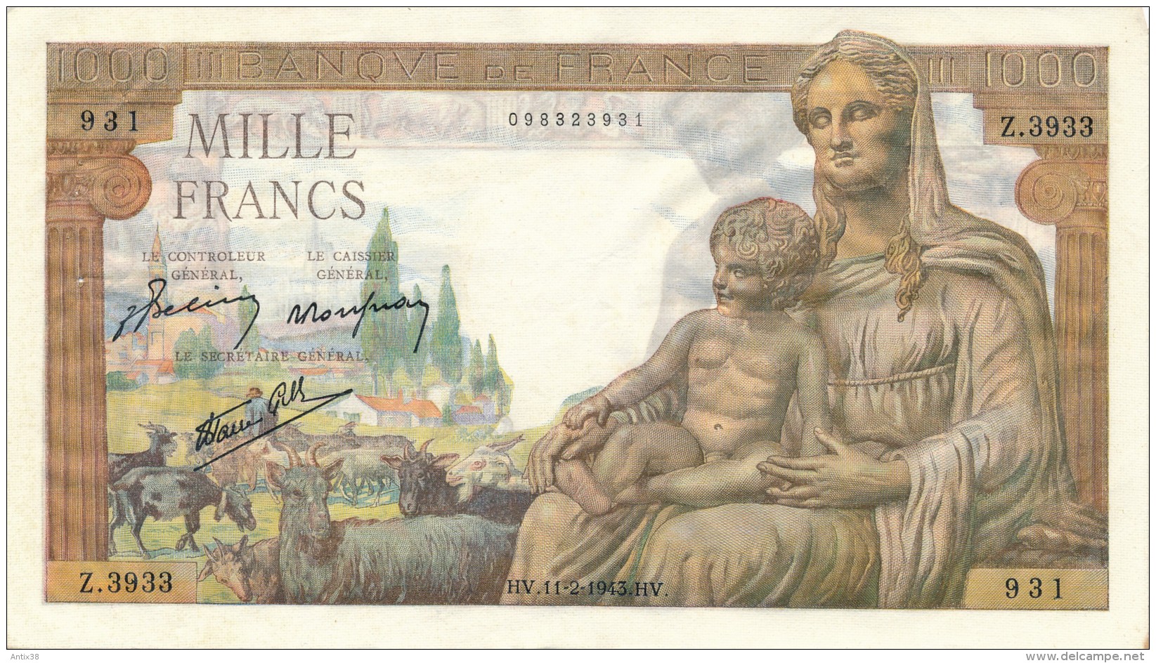 H19 - Billet - 1000 FRANCS  - DÉESSE DEMETER - 1 000 F 1942-1943 ''Déesse Déméter''