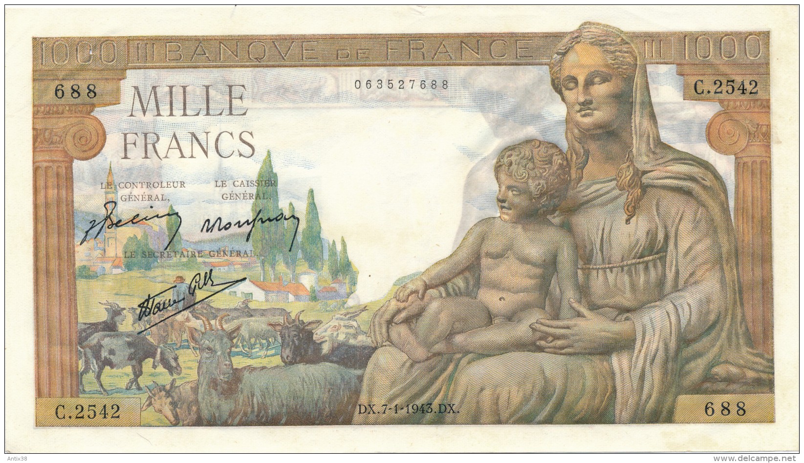 H19 - Billet - 1000 FRANCS  - DÉESSE DEMETER - 1 000 F 1942-1943 ''Déesse Déméter''