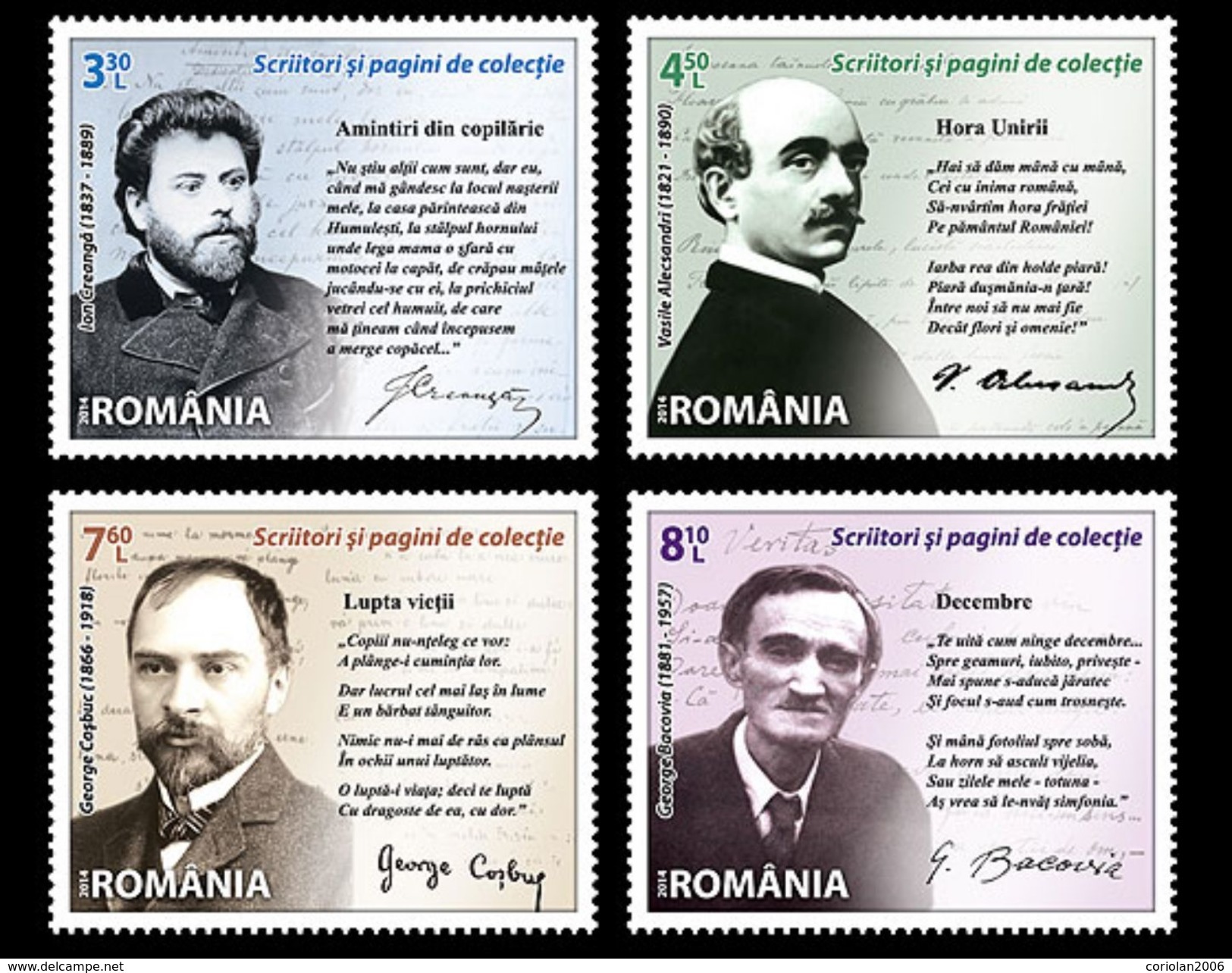 Romania 2014 /  Romanian Writers / Creang&#259;, Alecsandri, Cosbuc, Bacovia / Set 4 Stamps - Unused Stamps