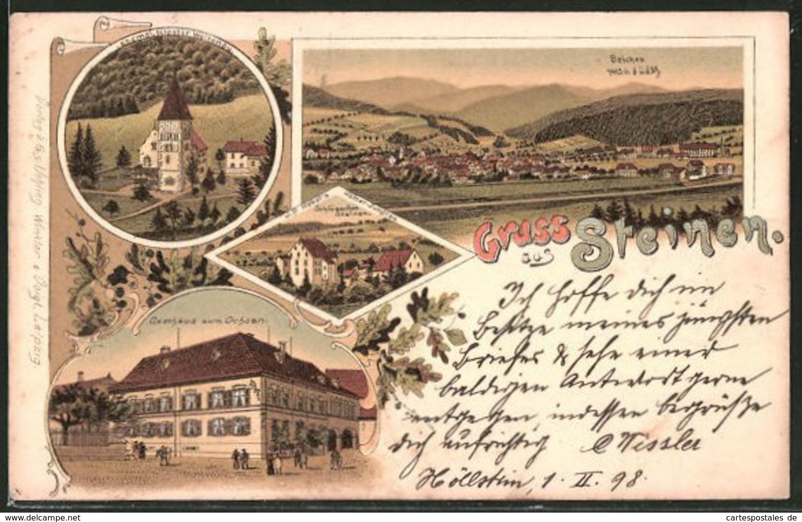 Lithographie Steinen, Gasthaus Zum Ochsen, Ehemal. Kloster Weitenau, Schlösschen Steinen Und Ortsansicht - Altri & Non Classificati