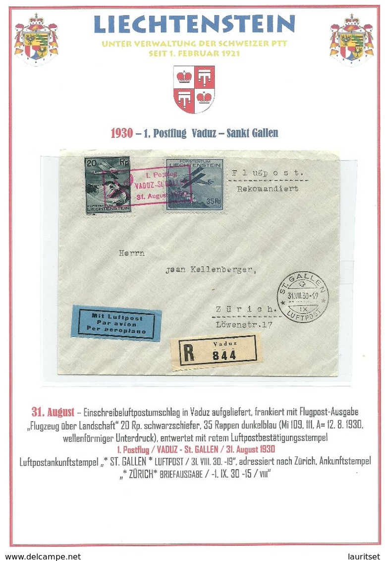 LIECHTENSTEIN 1930 Registrierter Postflug Vaduz - St. Gallen Michel 109 & 111 Nach Zürich - Aéreo