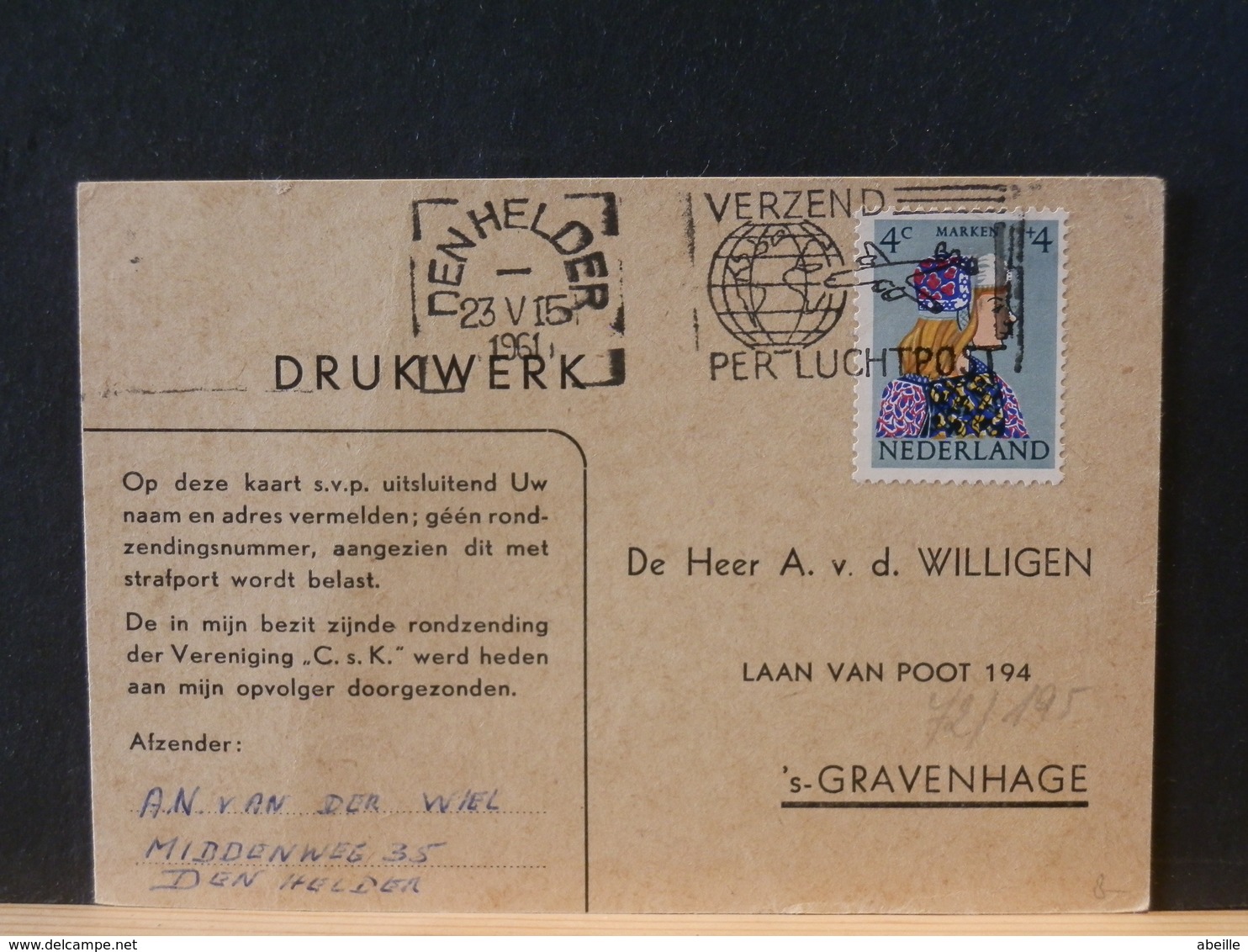 72/195  BRIEFKAART 1961 NED - Lettres & Documents