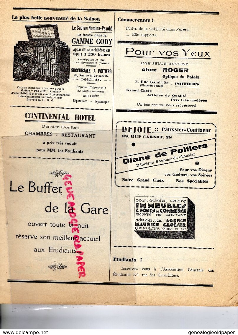 86- POITIERS- RARE REVUE DE L' A-ETUDIANTE SCAPIN- ROBERT BIGOT-GEORGES BAELDE-IMPRIMERIE L'UNION-PLEIN LA TRANCHE 1934 - Poitou-Charentes