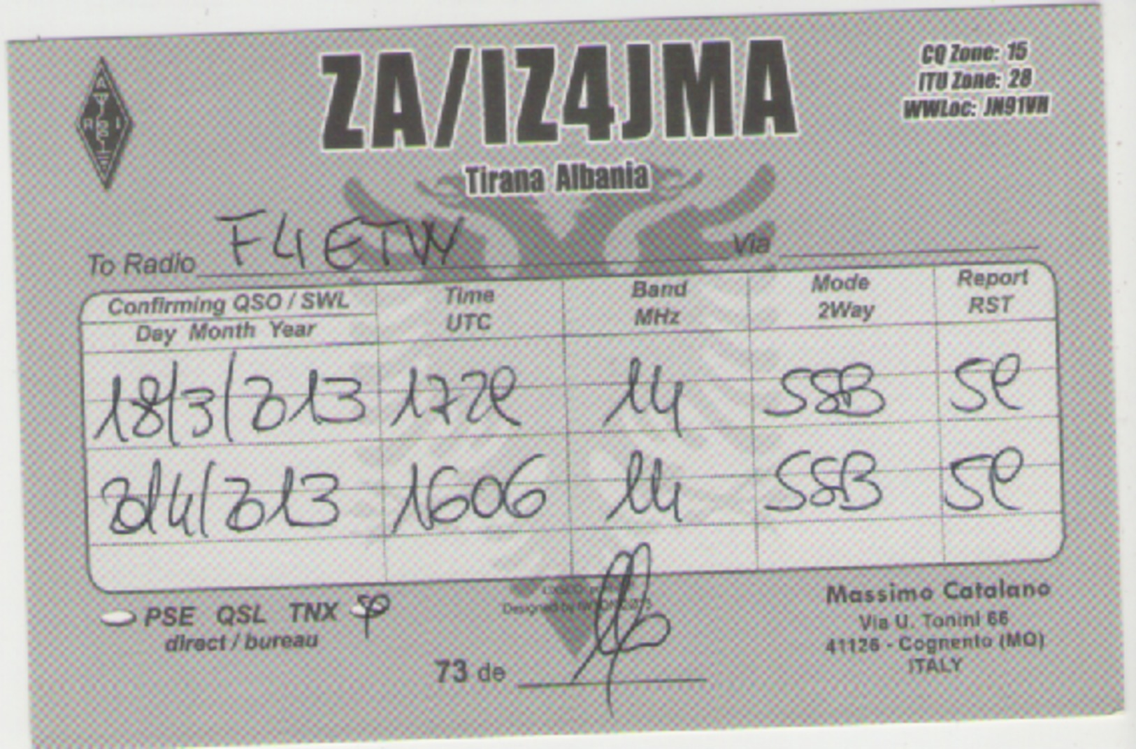 Qsl Albanie - Tirana - Radio Amatoriale