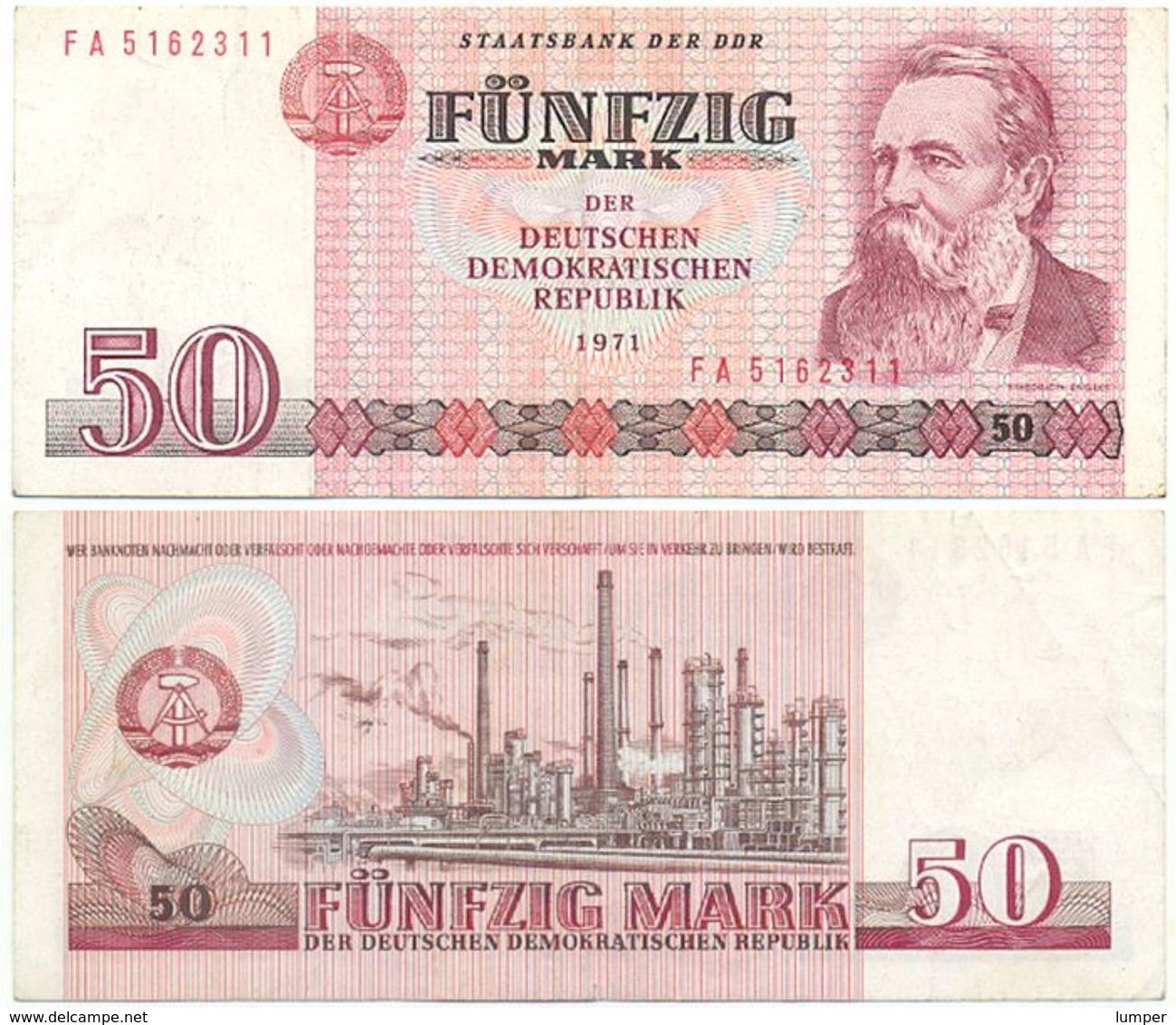 DDR 1971, 50 Mark, Staatsbank DDR, F. Engels, KN 7stellig, Geldschein, Banknote - 50 Mark