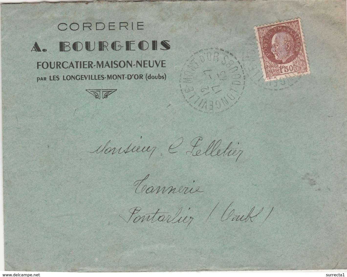Enveloppe Commerciale 1943 /A. BOURGEOIS / Corderie / Fourcatier Maison Neuve / Par Les Longevilles Mont D'Or / 25 Doubs - Autres & Non Classés