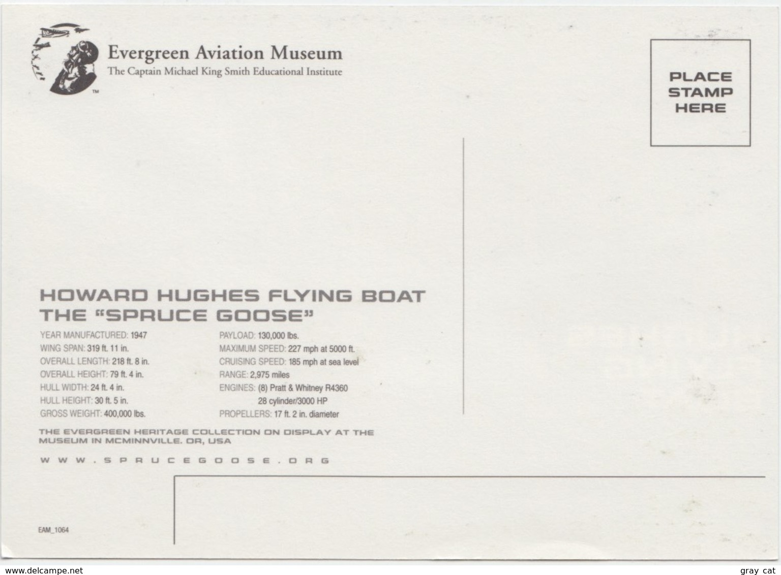 Howard Hughes Flying Boat, The "Spruce Goose", Evergreen Aviation Museum, Unused Postcard [20799] - 1946-....: Modern Era