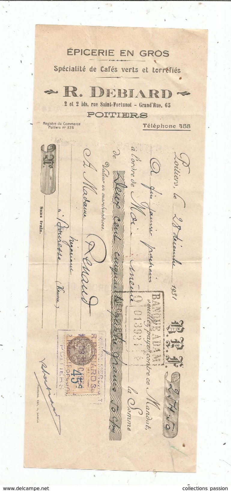 Lettre De Change ,mandat , épicerie En Gros , R. Debiard , Poitiers , 1931 , 2 Scans ,  Frais Fr : 1.55 & - Letras De Cambio