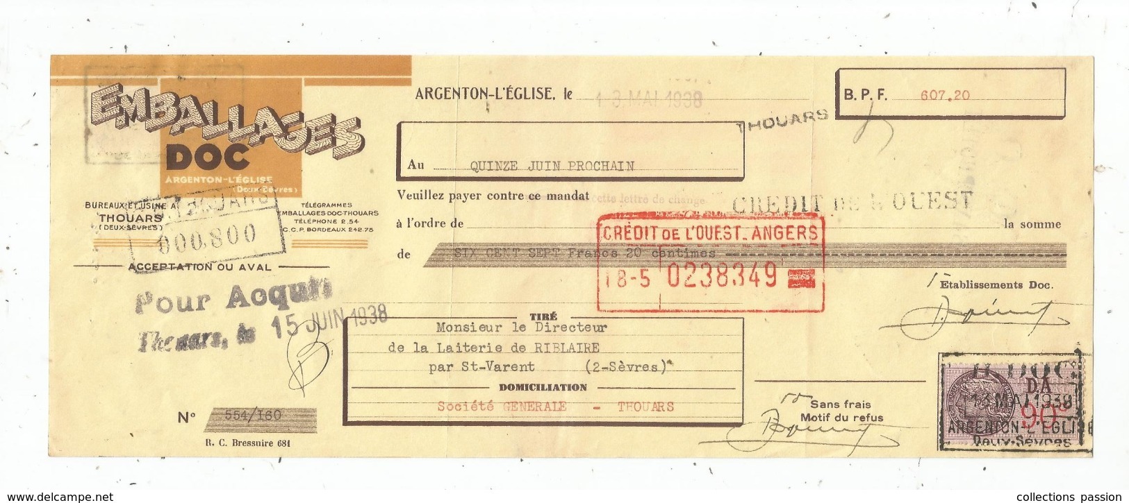 MANDAT ,  1938, Emballages DOC , ARGENTON L'EGLISE , Deux Sèvres , THOUARS , Timbré  , Frais Fr : 1.55 Euros - 1900 – 1949