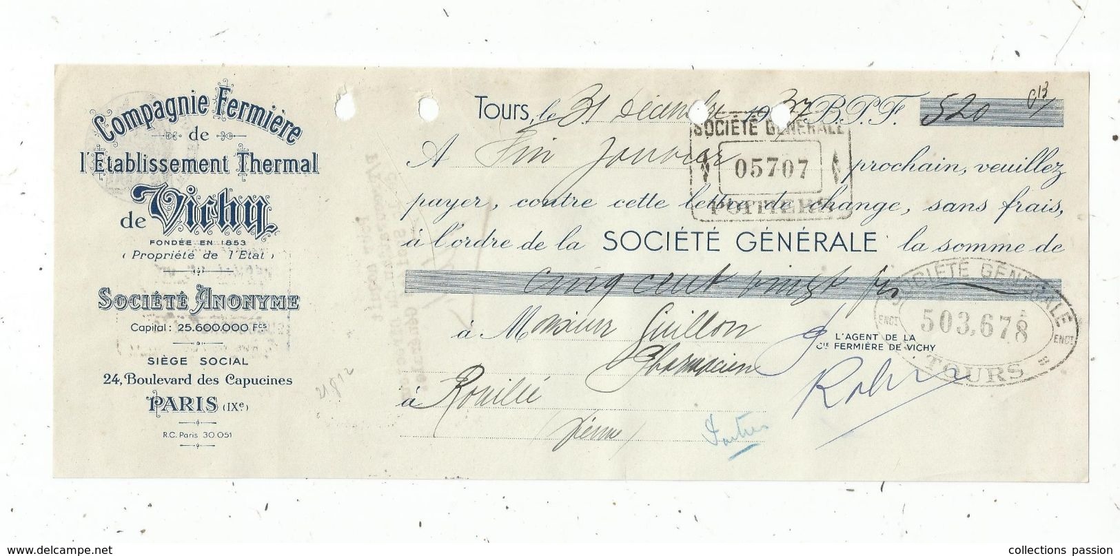 Lettre De Change , Compagnie Fermière De L'établissement Thermal De VICHY ,TOURS, 1937 - Bills Of Exchange