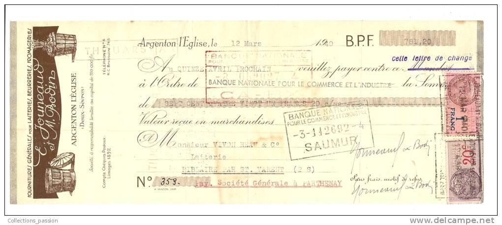 Lettre De Change,Fournitures Générales "E. Jouneaud Et M. Bodin" - Argenton-l'Eglise (79)- 1940 - Frais De Port : € 1.55 - Bills Of Exchange
