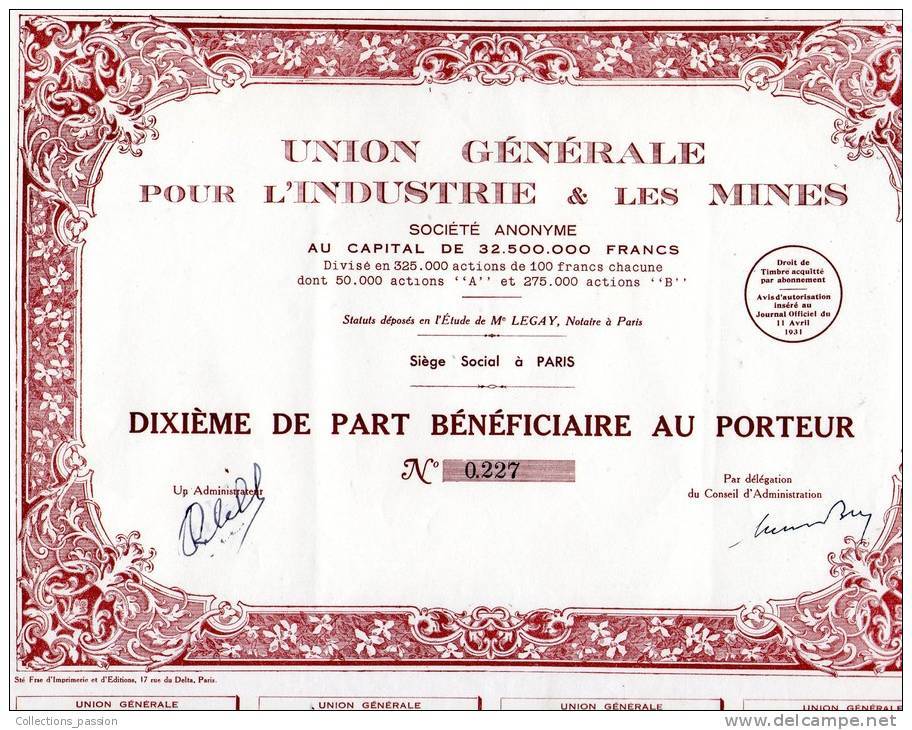Action , Dixième De Part , Union Générale Pour L'industrie & Les Mines , 1931 , Frais Fr : 1.95 E - Other & Unclassified