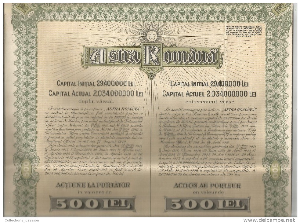 Action De 500 Lei , ASTRA ROMANA , 1930 , Frais Fr : 1.50€ - Autres & Non Classés