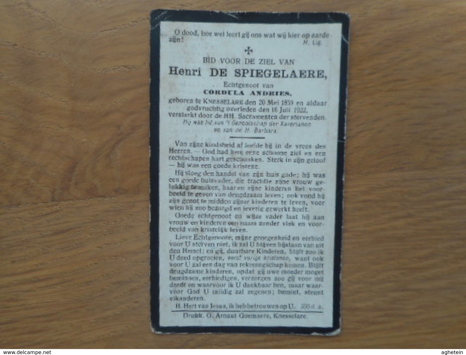 D.P.-HENRI DE SPIEGELAERE °KNESSELARE 20-5-1859+ALDAAR 16-7-1922 - Religione & Esoterismo