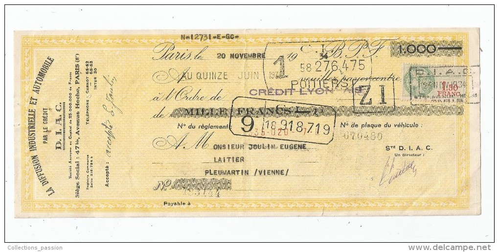 Lettre De Change De Mille Francs , 1000 , 1934 , La Diffusion Industrielle Et AUTOMOBILE Par Le Crédit , D.I.A.C - Cars