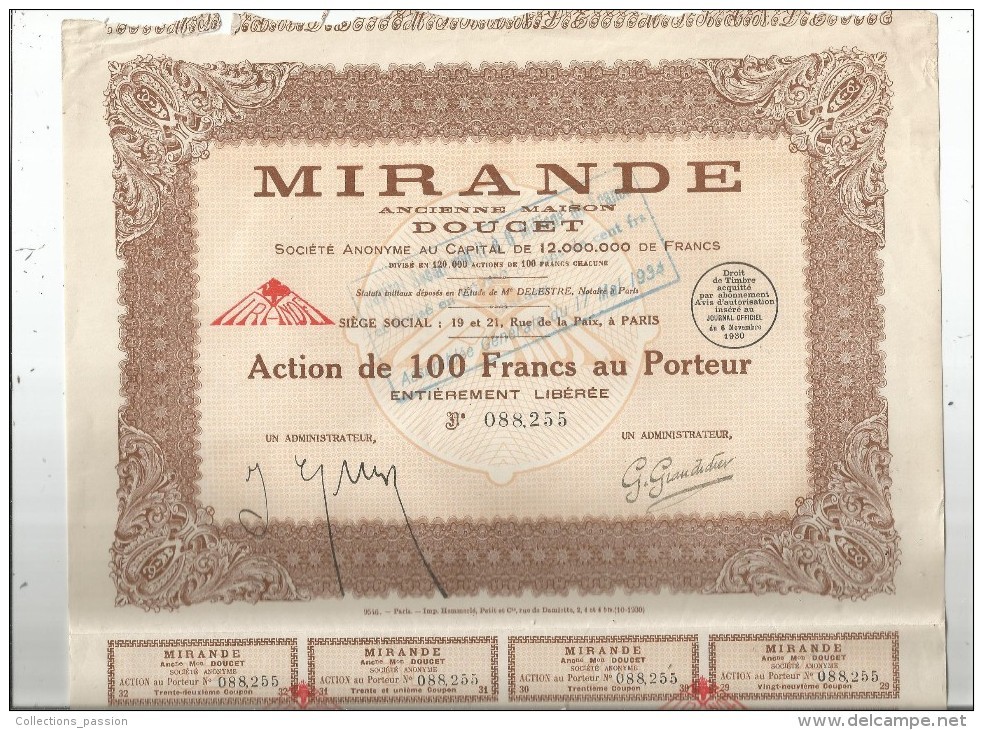 Action De 100 Francs , 1930 , MIRANDE , Ancienne Maison Doucet , Paris , Frais Fr : 1.50€ - Autres & Non Classés