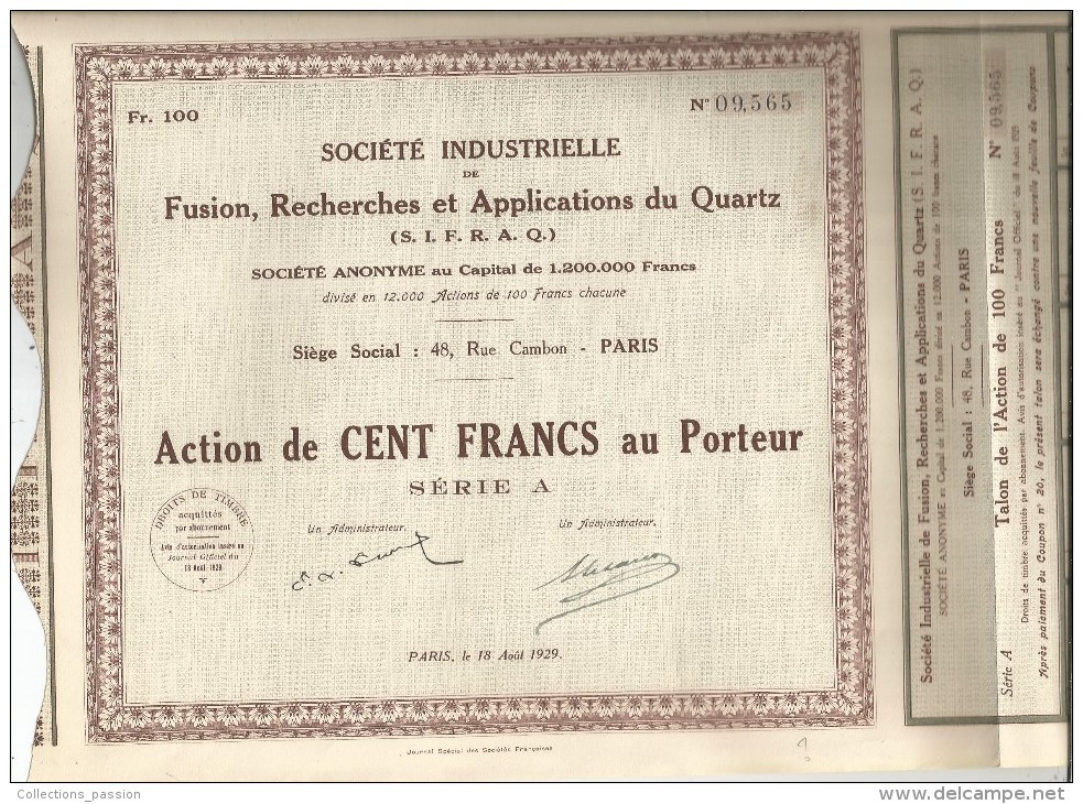 Action De  Cent  Francs  , 1929 , Sté Ind. De Fusion , Recherches Et Applcations Du QUARTZ , Paris , Frais Fr : 1.50€ - Otros & Sin Clasificación