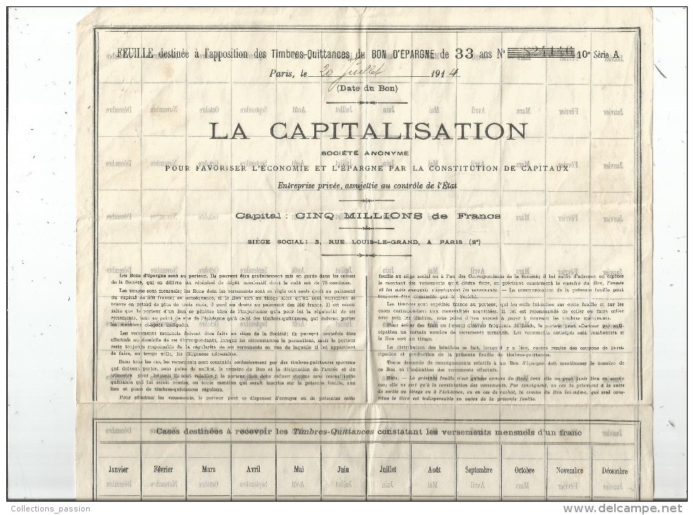 Feuille Destinée à L'apposition Des Timbres Quittances Du Bon D'épargne De 33 Ans , LA CAPITALISATION , 1914 - Other & Unclassified