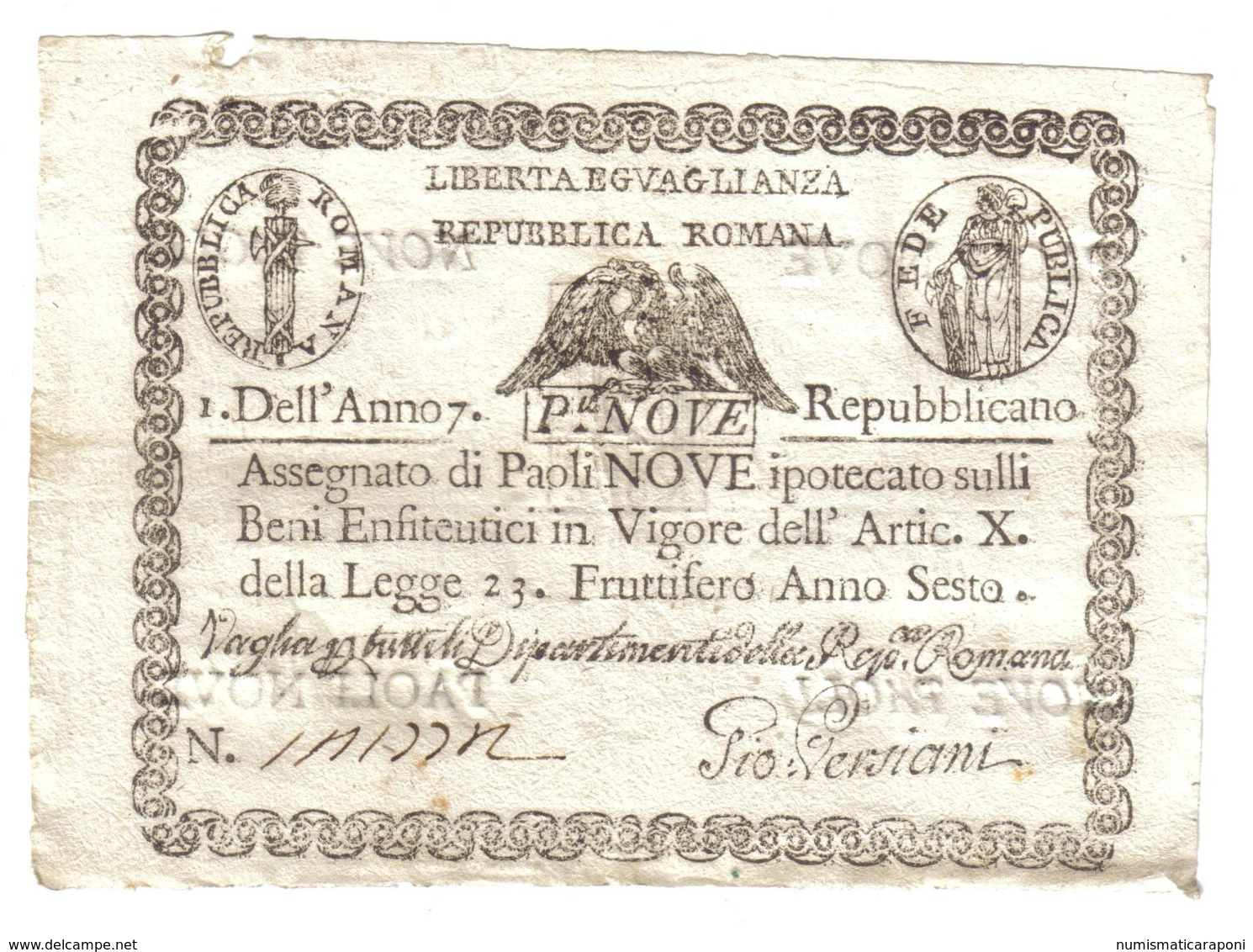 REPUBBLICA ROMANA ANNO 7° REPUBBLICANO 9 PAOLI  BEL BIGLIETTO Ma Piccola Mancanza LOTTO 976 - Altri & Non Classificati