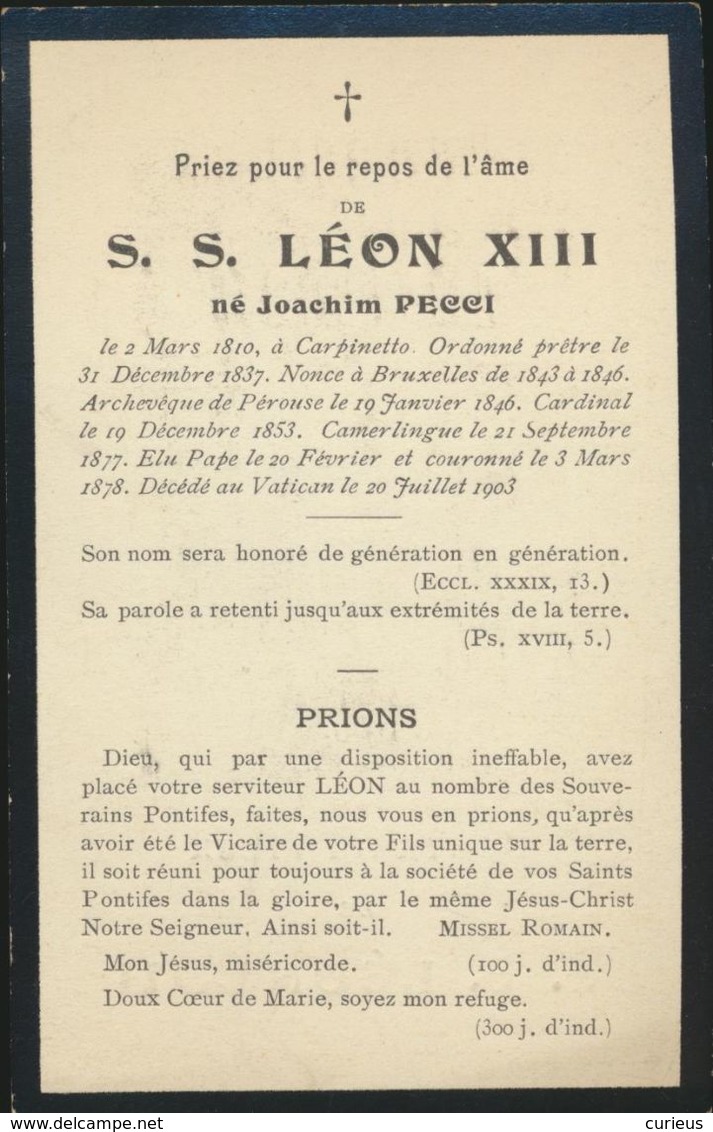 IMAGE MORTUAIRE   DOODSPRENTJE * PAUS S.S. LEON XIII * + 1903 * - Obituary Notices