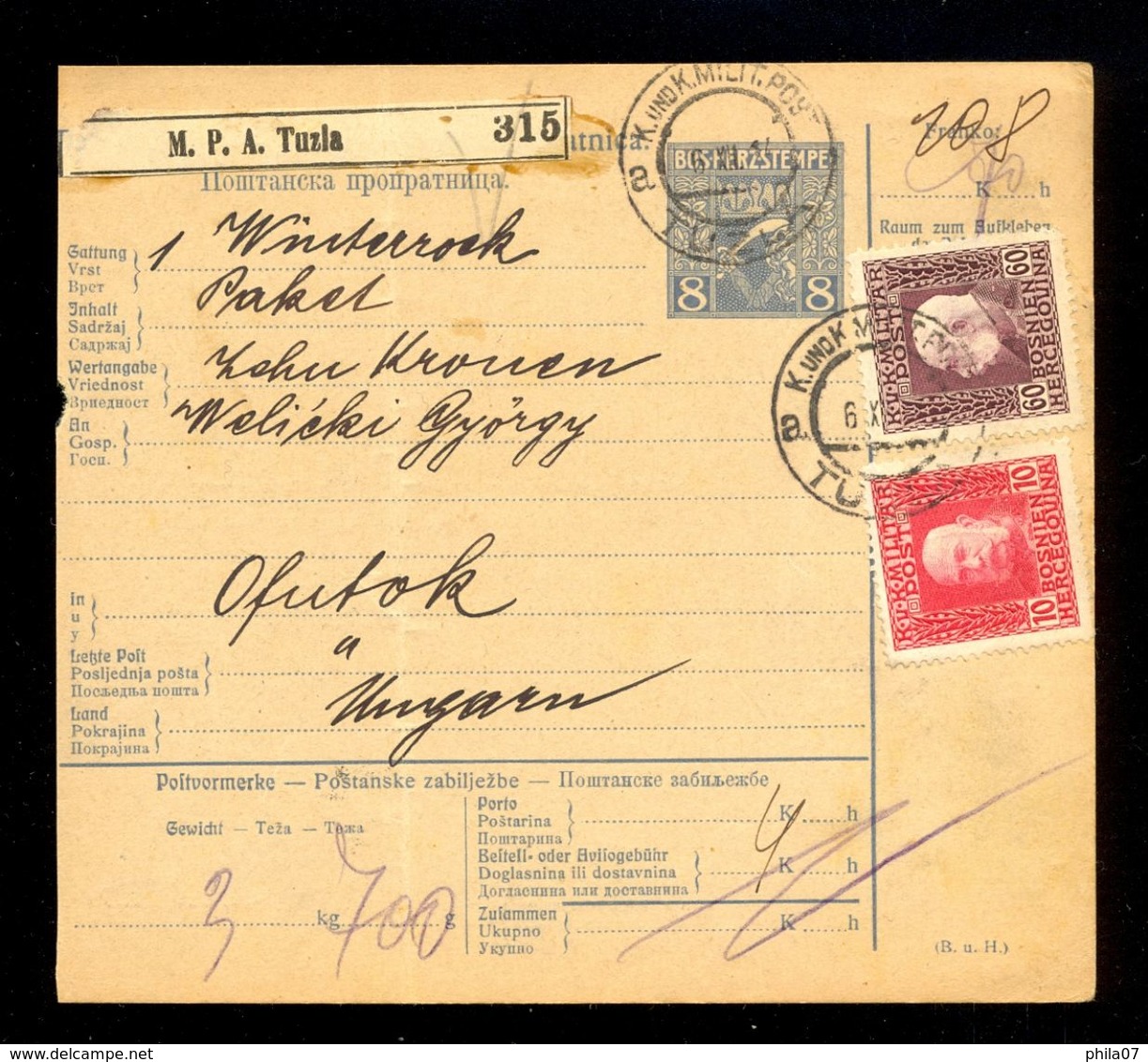 Bosnia And Herzegovina - Parcel Card Sent From Tuzla To Ofutak 06.12. 1914 / 2 Scans - Bosnia And Herzegovina