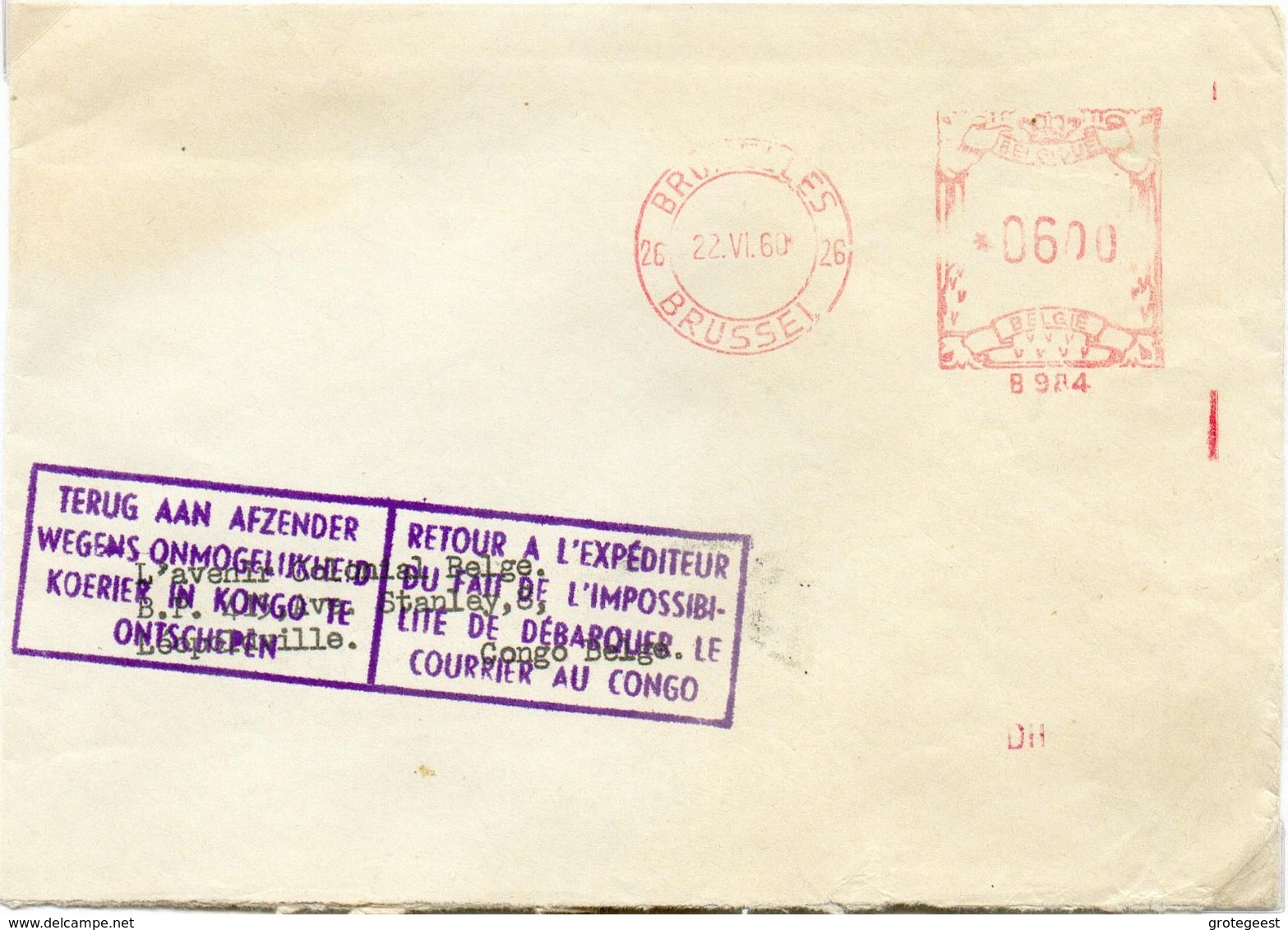 Enveloppe Expédiée De BRUXELLES Le 22-VI-1960 Vers Léopoldville Avec La RR Griffe Violette Bilingue TERUG AAN AFZENDER W - Altri & Non Classificati