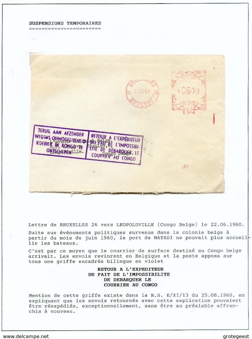 Enveloppe Expédiée De BRUXELLES Le 22-VI-1960 Vers Léopoldville Avec La RR Griffe Violette Bilingue TERUG AAN AFZENDER W - Andere & Zonder Classificatie