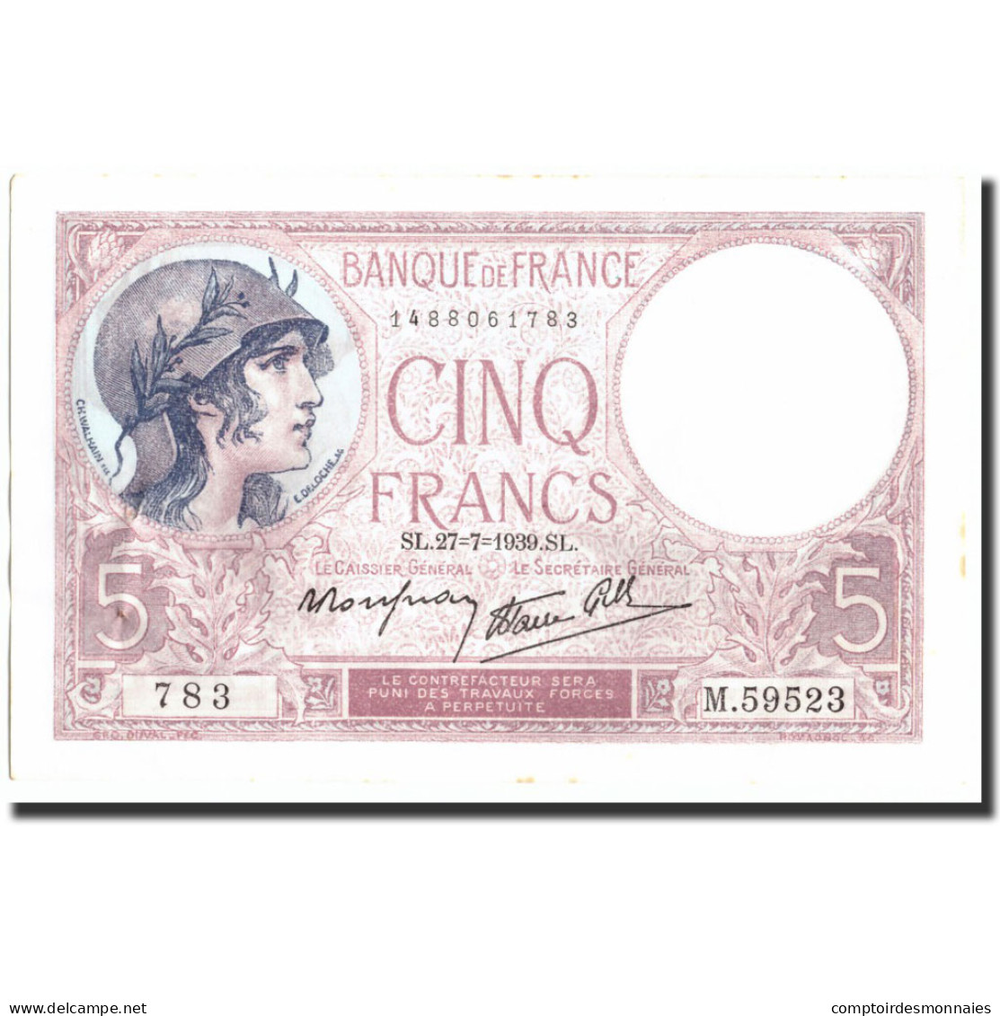 France, 5 Francs, 5 F 1917-1940 ''Violet'', 1939, 1939-07-27, SUP, Fayette:4.3 - 5 F 1917-1940 ''Violet''