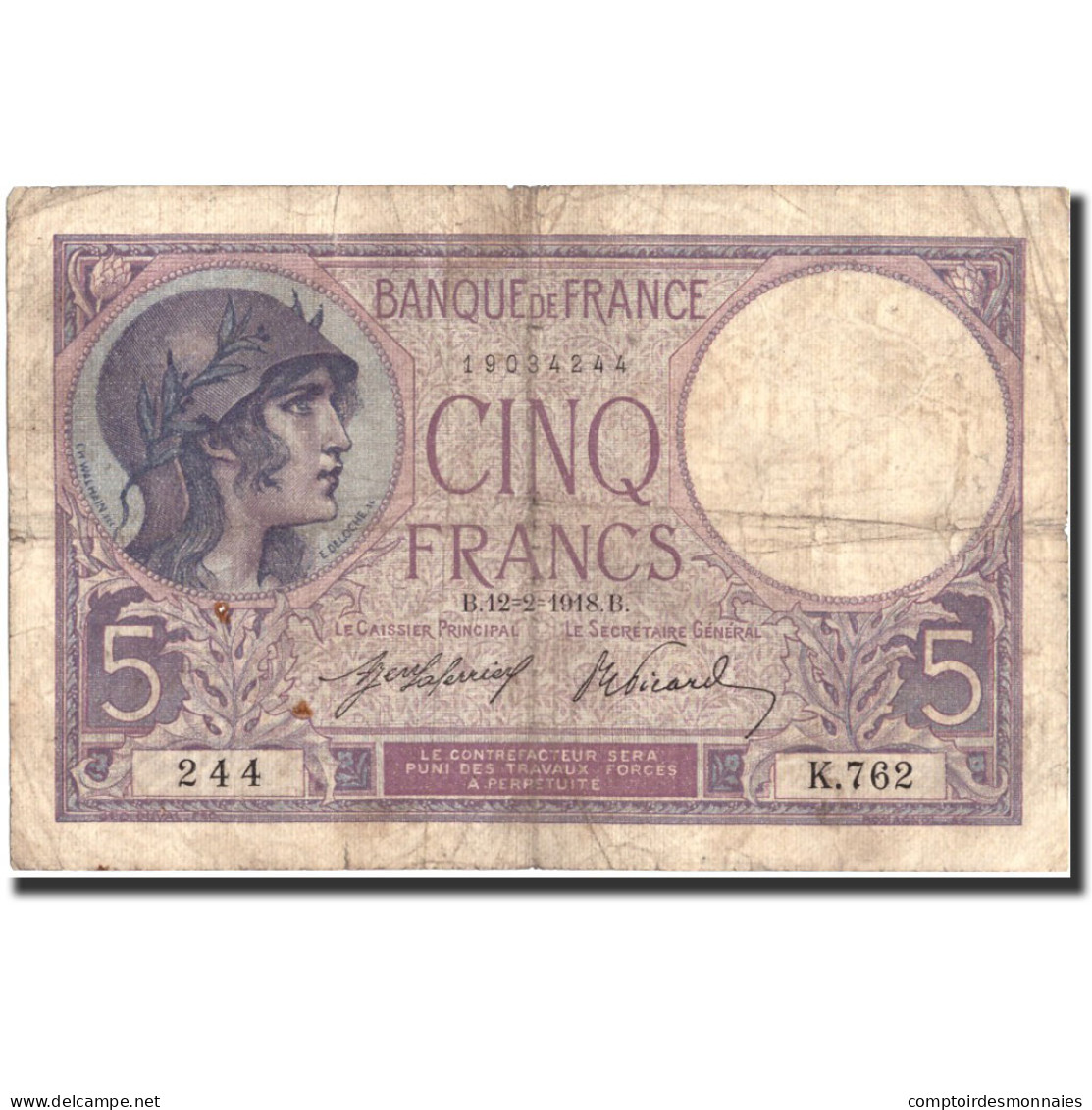 France, 5 Francs, 5 F 1917-1940 ''Violet'', 1918, 1918-02-12, B+, Fayette:3.2 - 5 F 1917-1940 ''Violet''