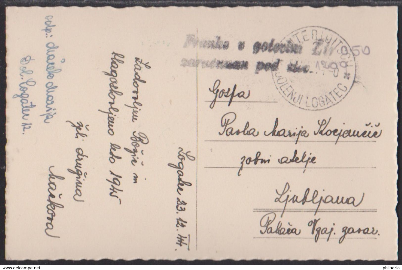 Unterloitsch - Dolenji Logatec, Postage Paid In Cash, December 1944 - Occupation 1938-45