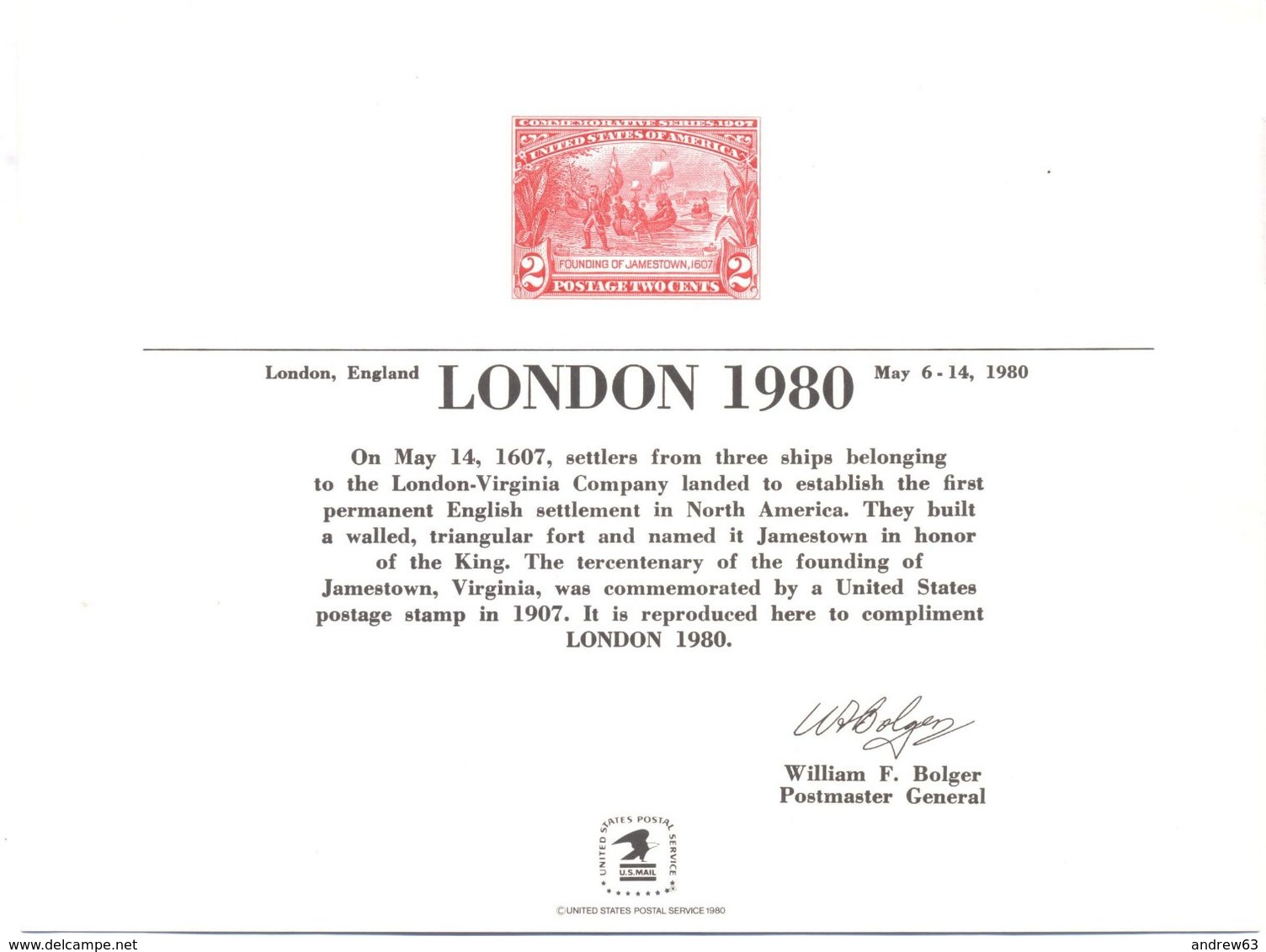 STATI UNITI - USA - 1980 - Mint Souvenir Card - London '80 - Cartes Souvenir