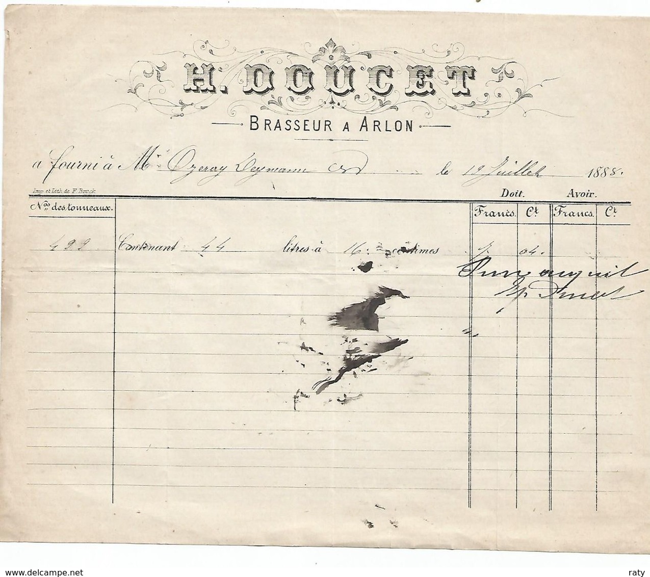 Prov. De Luxembourg- Facture De H. DOUCET. Brasseur à ARLON -  Vente De 44 Litres De Bière . Brasserie En 1888. - 1800 – 1899