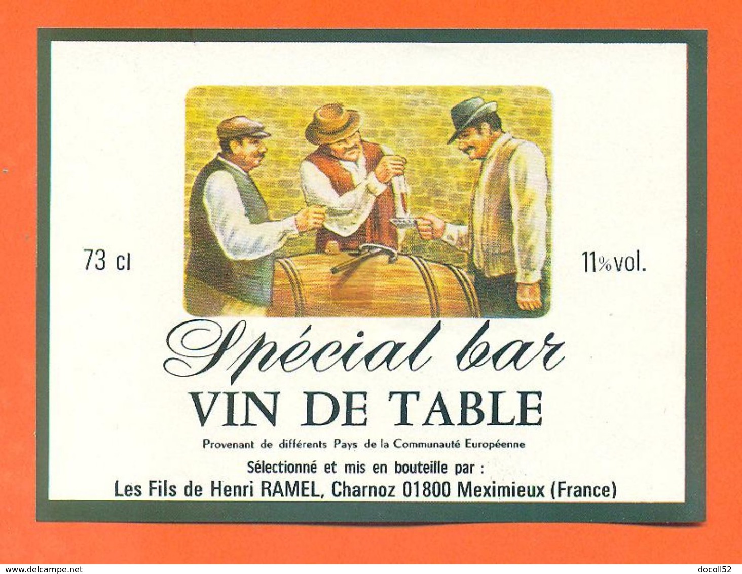 étiquette Vin De Table Rouge Spécial Bar Henri Ramel à Méximieux - 11°/° - 73 Cl - Red Wines