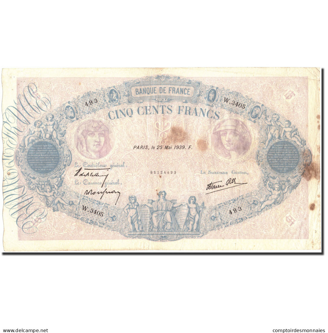 France, 500 Francs, 500 F 1888-1940 ''Bleu Et Rose'', 1939, 1939-05-25, TB+ - 500 F 1888-1940 ''Bleu Et Rose''