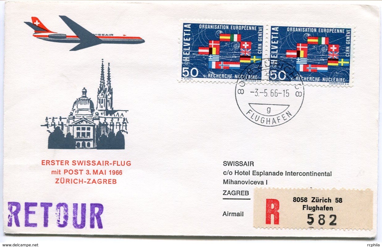 RC 6596 SUISSE SWITZERLAND 1966 1er VOL SWISSAIR ZURICH - ZAGREB YOUGOSLAVIE FFC LETTRE COVER - Primi Voli