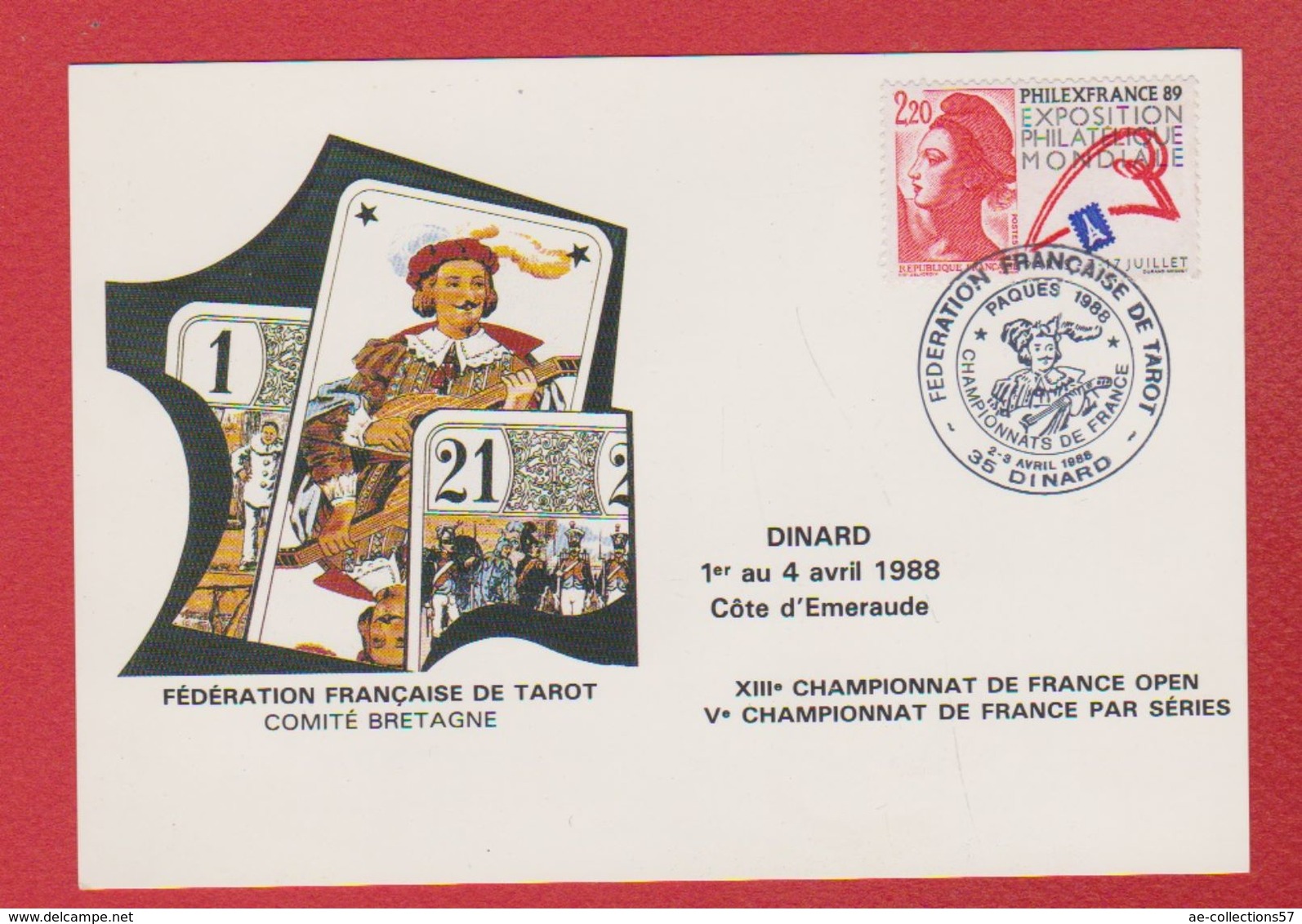 Carte Premier Jour / Fédération Française De Tarot  / Dinard / 2-3 Avrili 1988 - 1980-1989