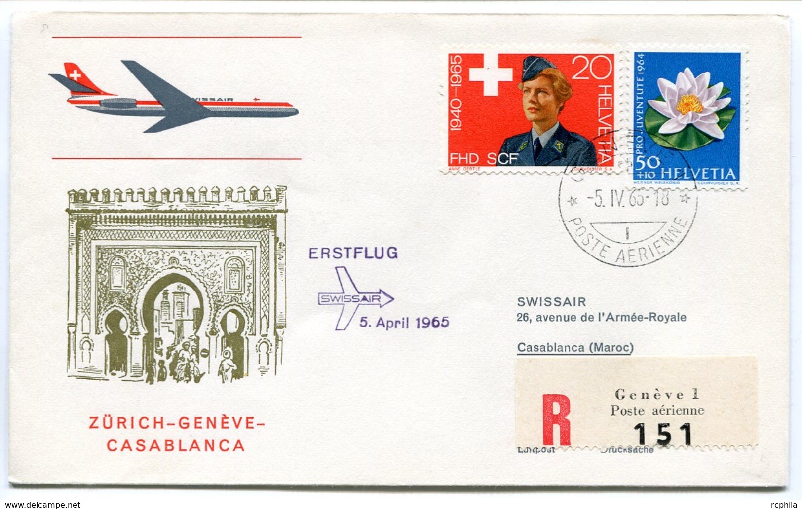 RC 6599 SUISSE SWITZERLAND 1965 1er VOL SWISSAIR ZURICH - CASABLANCA MAROC FFC LETTRE COVER - Erst- U. Sonderflugbriefe