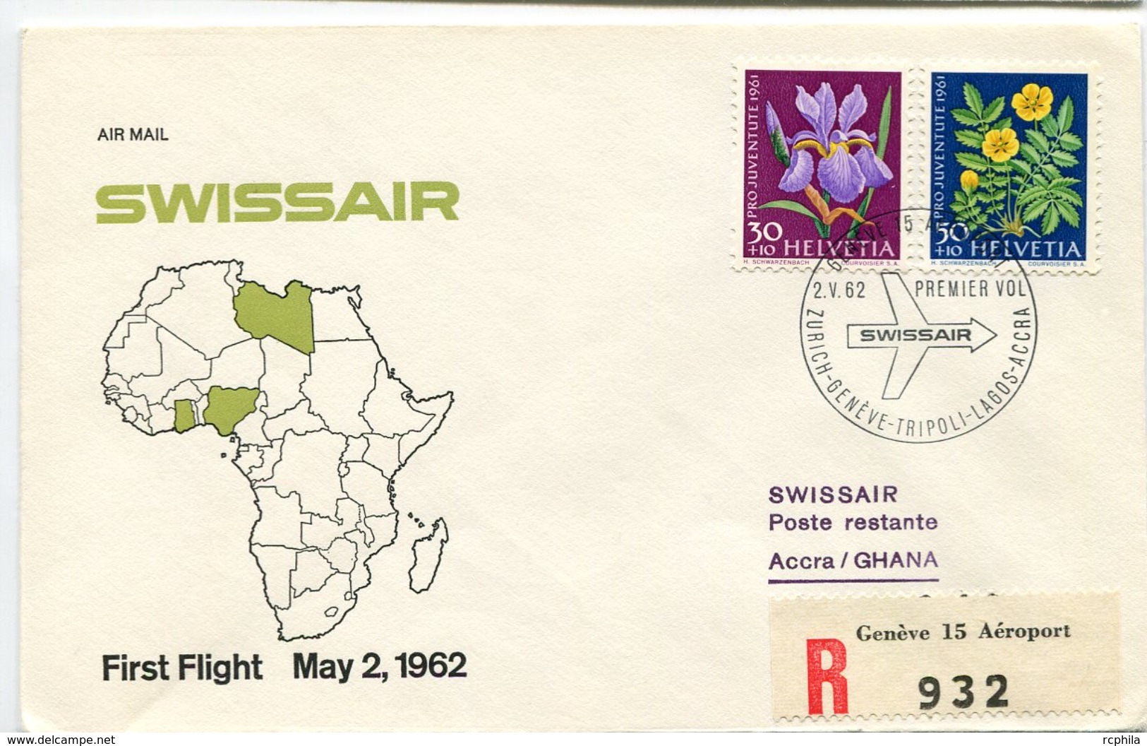 RC 6601 SUISSE SWITZERLAND 1962 1er VOL SWISSAIR ZURICH GENEVE - ACCRA GHANA FFC LETTRE COVER - Primi Voli