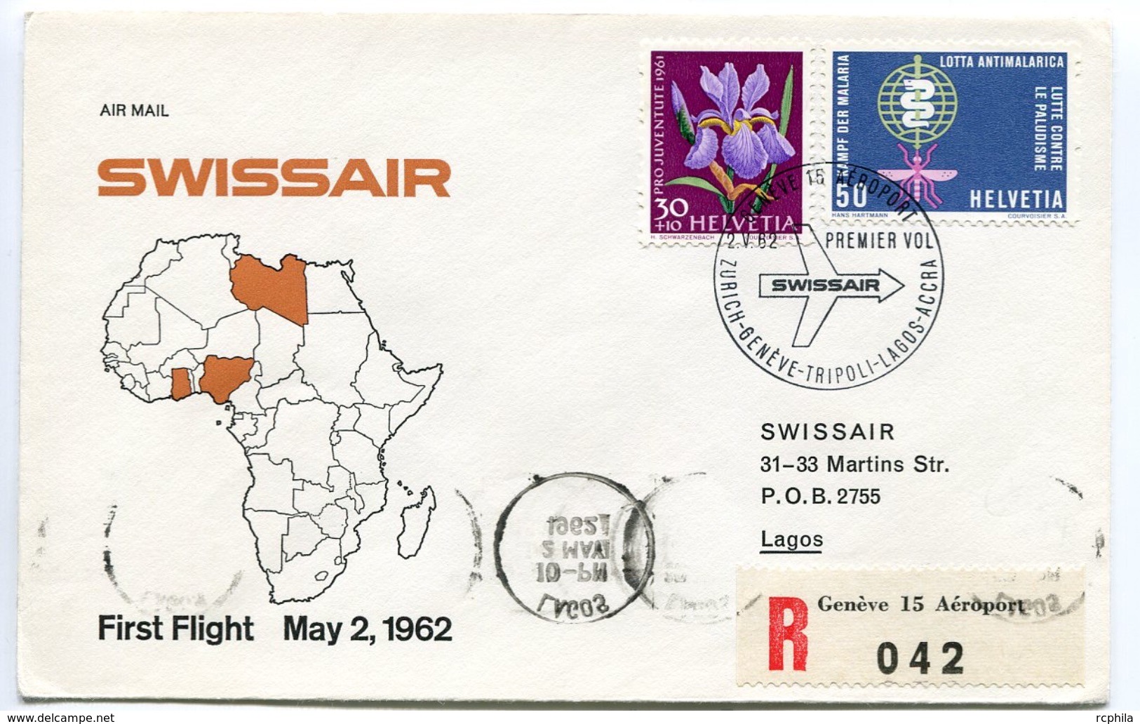 RC 6602 SUISSE SWITZERLAND 1962 1er VOL SWISSAIR ZURICH GENEVE - LAGOS FFC LETTRE COVER - Erst- U. Sonderflugbriefe