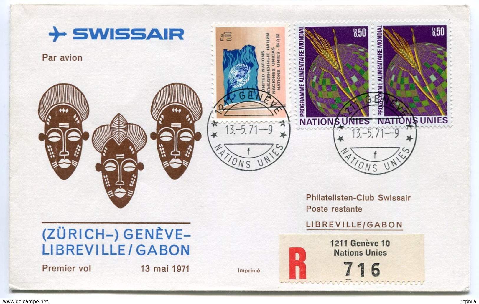 RC 6605 SUISSE SWITZERLAND 1971 1er VOL SWISSAIR GENEVE - LIBREVILLE GABON FFC LETTRE COVER - Erst- U. Sonderflugbriefe