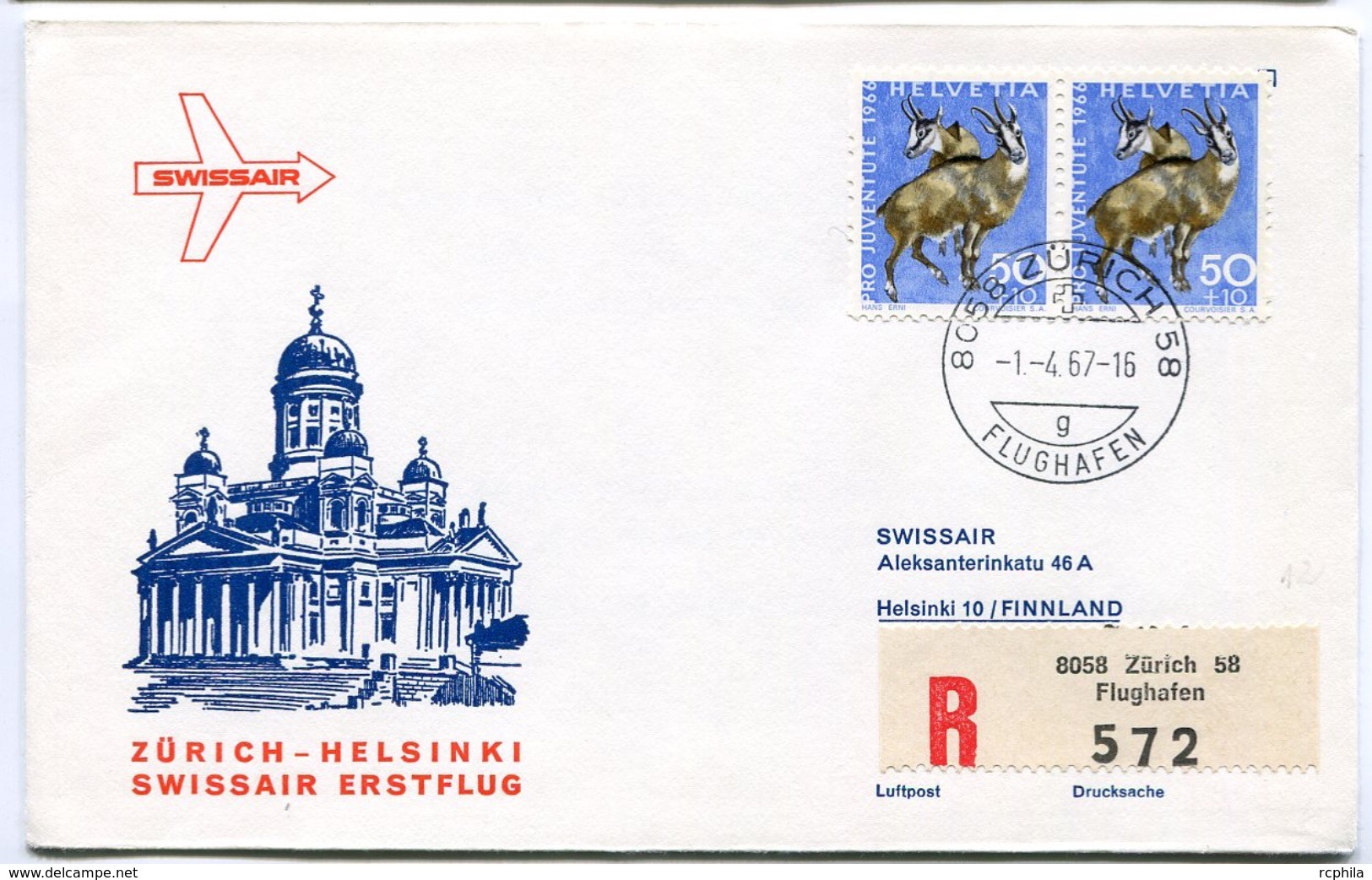 RC 6607 SUISSE SWITZERLAND 1967 1er VOL SWISSAIR ZURICH - HELSINKI FINLANDE FFC LETTRE COVER - Primi Voli