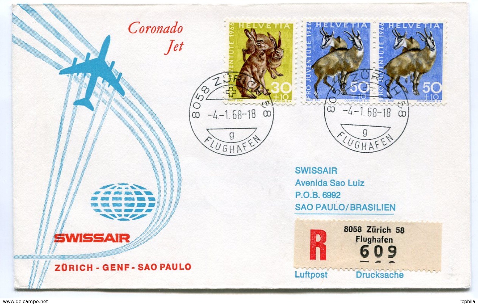 RC 6608 SUISSE SWITZERLAND 1968 1er VOL SWISSAIR ZURICH - SAO PAULO BRESIL FFC LETTRE COVER - Premiers Vols